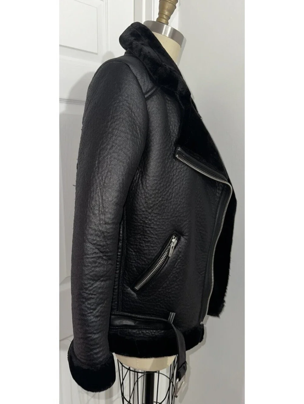 H&M Women's Black Faux Fur Motorcycle Jacket 8 NWT